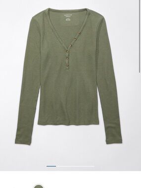 American Eagle Long Sleeve Waffle Henley Tee Olive
